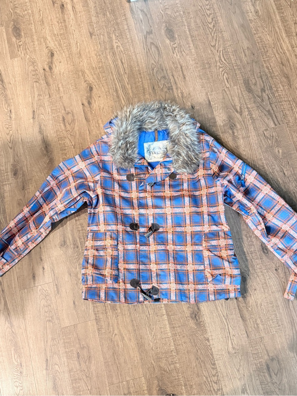 Burton Blue and Orange Plaid Ski Jacket with Faux Fur Trim